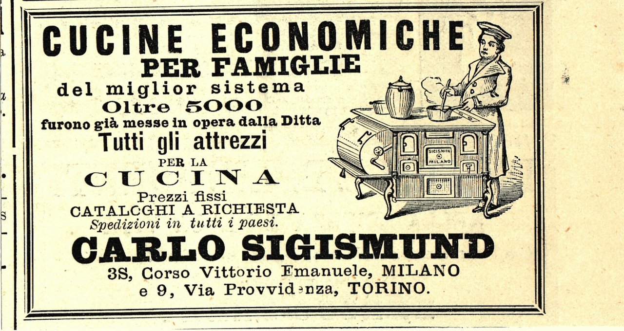 Cucine economiche per famiglie. Carlo Sigismund. Advertising 1889