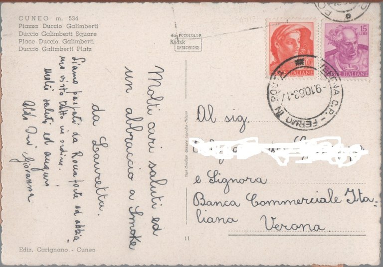 Cuneo . Piazza Duccio Galimberti. Viaggiata 1963