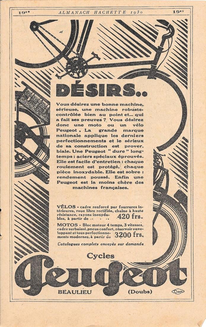 Cycles Peugeot. Pubblicita 1930