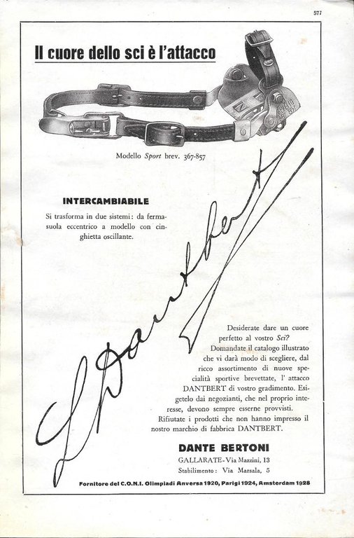 Dantbert. Il cuore dello sci è l'attacco.  Ditta Dante Bertoni. Advertising 1930