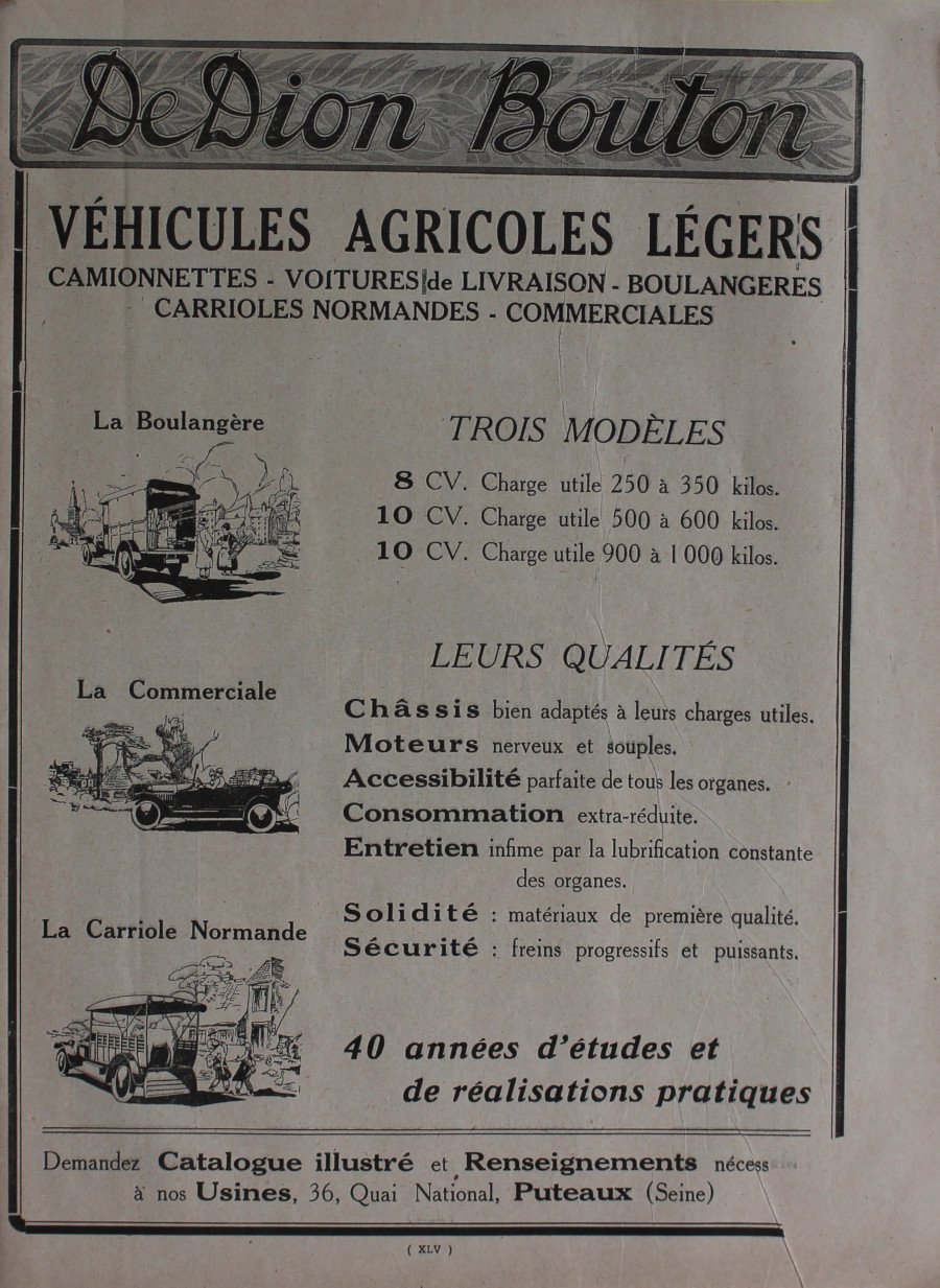 De Dion Bouton vehicules agricoles legers. Trois modeles. Advertising 1926