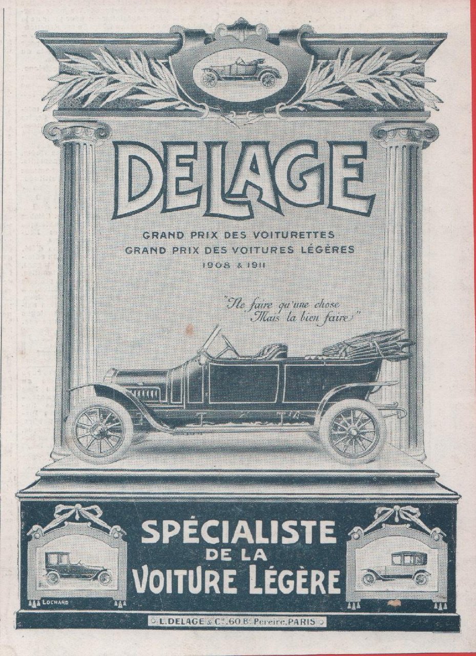 Delage. Specialiste de la voiture legere. Advertising 1912