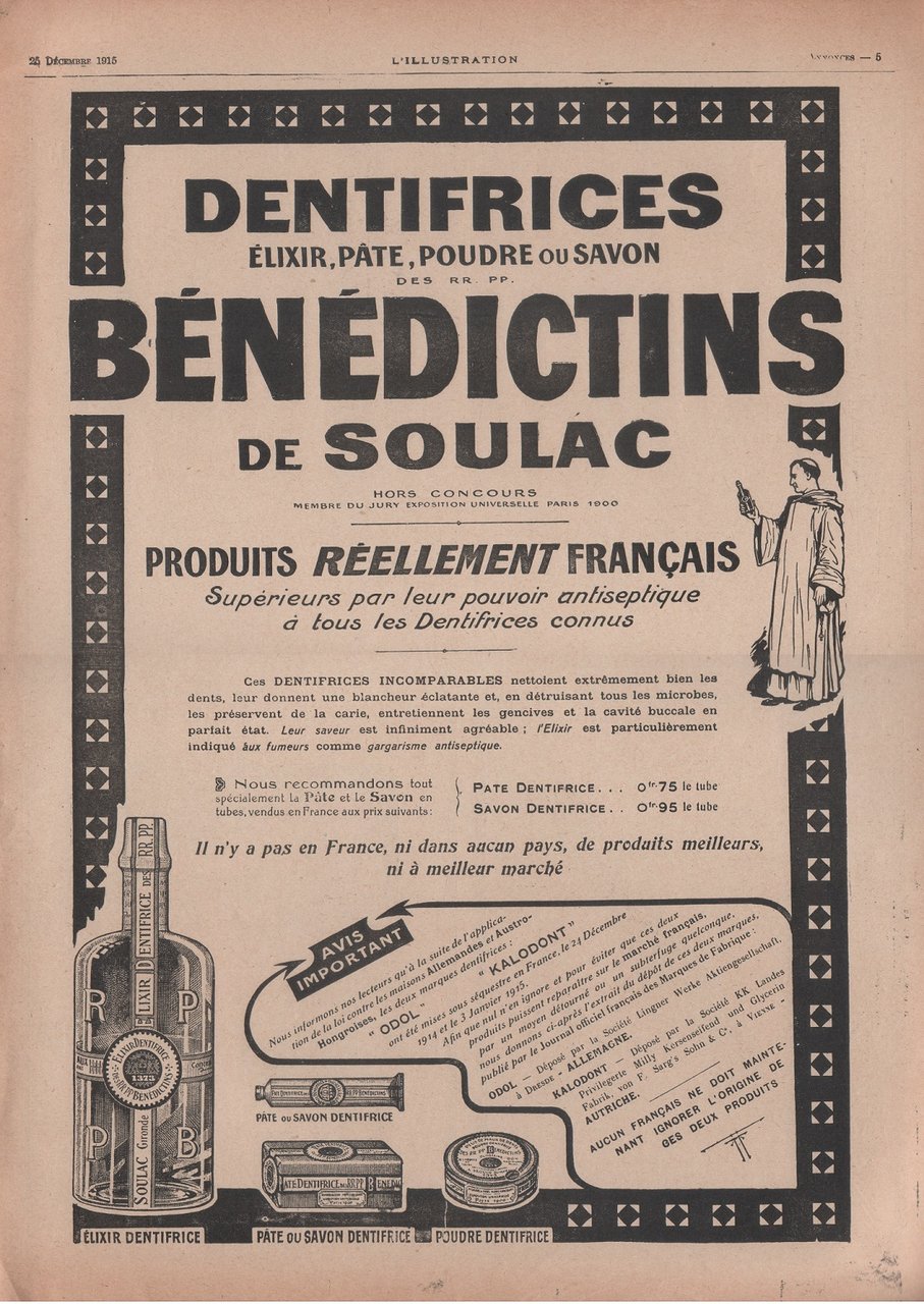 Dentifrices Benedictin de Soulac. Advertising 1915