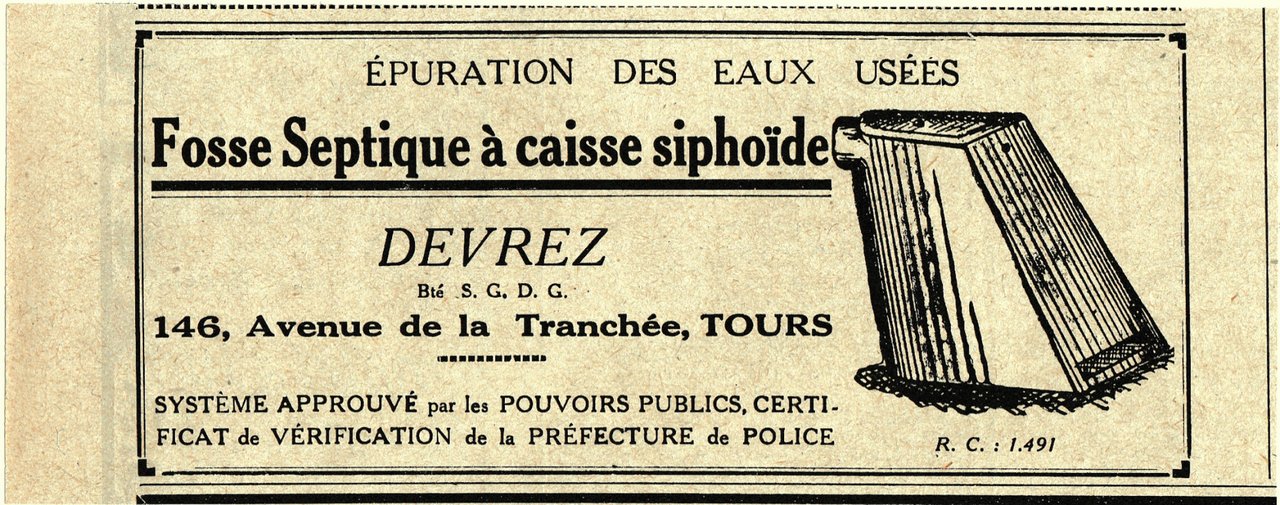 Devrez. Fosse septique a caisse siphoide. Advertising 1926