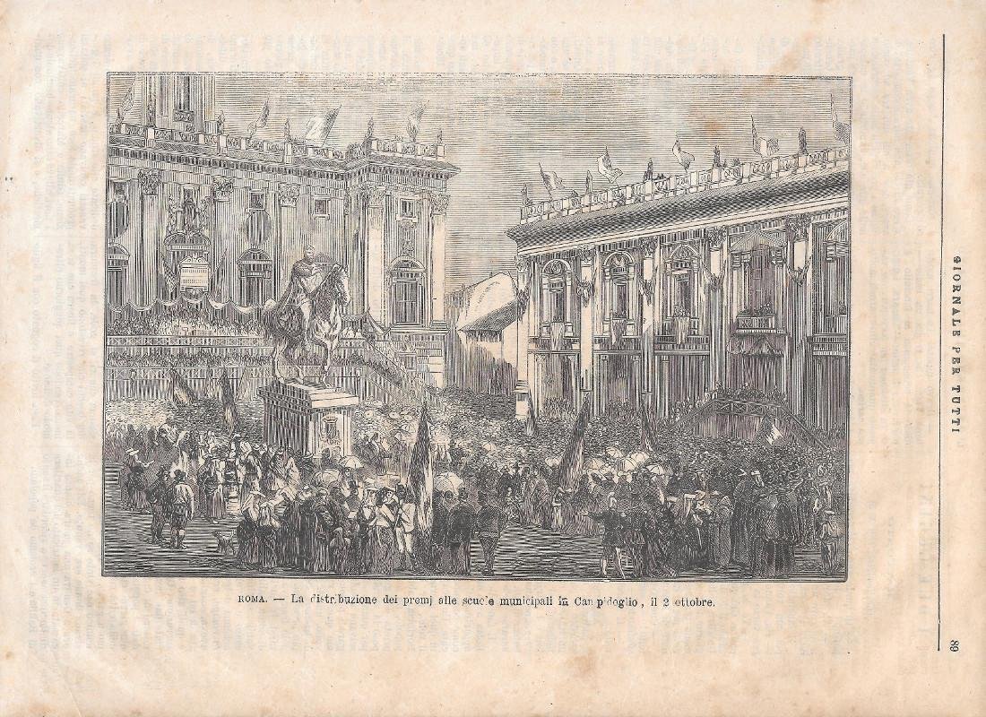 Distribuzione dei premi alle scuole municipali in Campidoglio. Stampa 1873