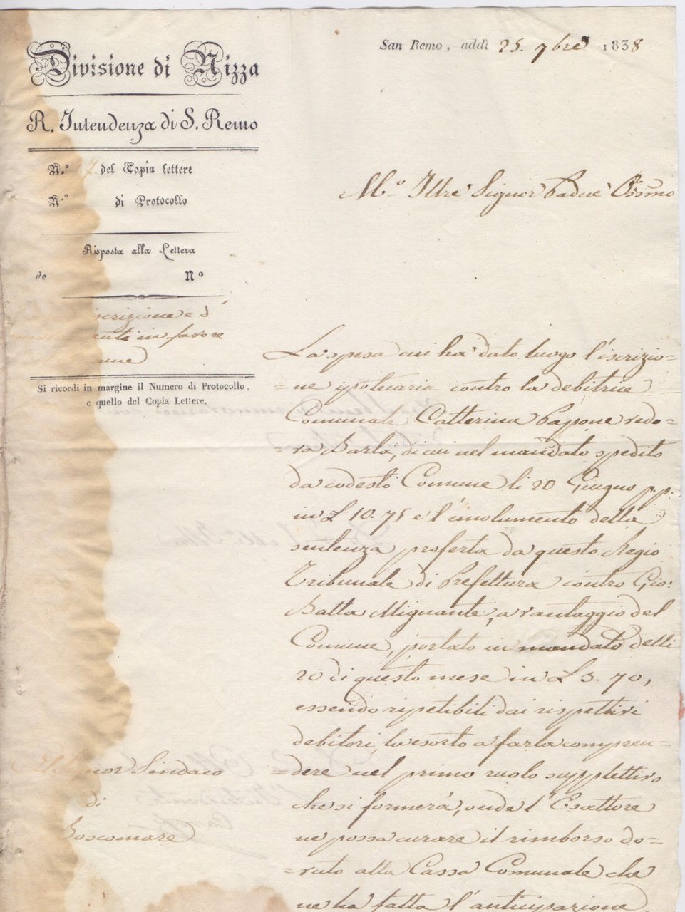 Divisione di Nizza. Intendenza di S. Remo. Comune di Boscomare. …