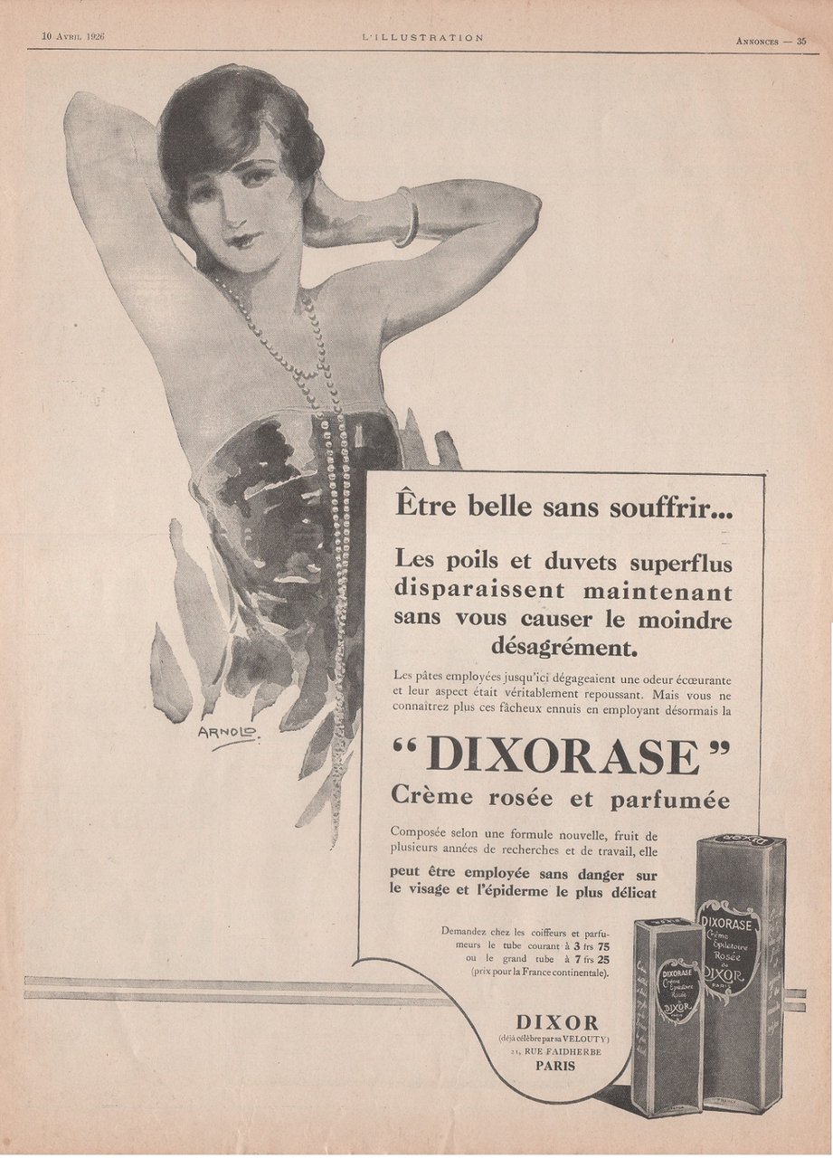 Dixorase, crème épilatoire. Advertising 1926