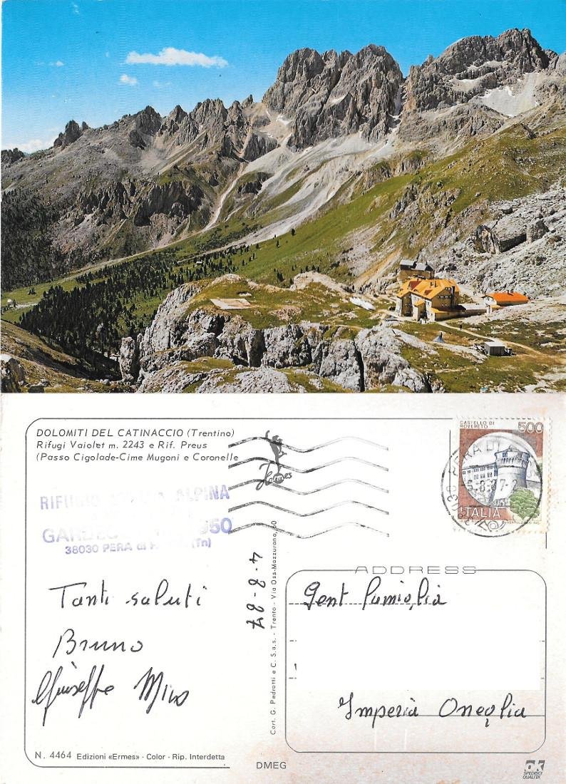 Dolomiti del Catinaccio. Rifugio Vaiolet e Rif. Preus. Viaggiata 1987