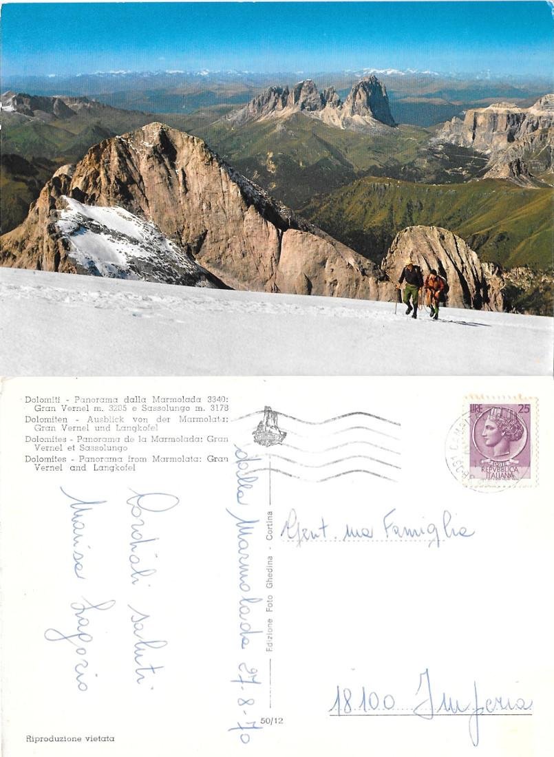 Dolomiti. Panorama dalla Marmolada: Gran Vernel e Sassolungo. Viaggiata 1970