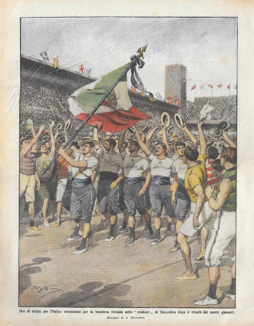 Domenica del Corriere 21-28/7/1912. Ginnasti italiani Olimpiadi di Stoccolma. Beltrame