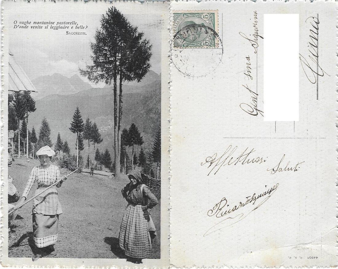 Donne in costume con verso di Sacchetti. Viaggiata