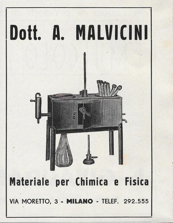Dott. A. Malvicini. Materiale per chimica e fisica.  Advertising  1939