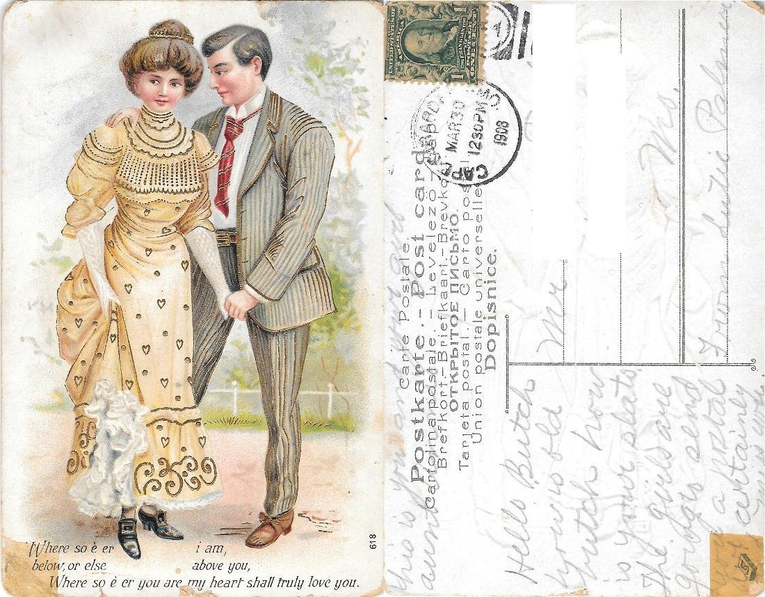 Due innamorati. Cartolina in rilievo con dorature. USA. Viaggiata 1903