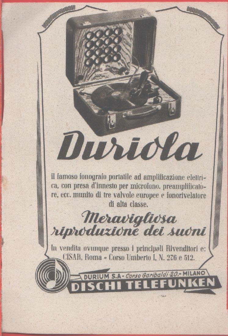 Duriola. Meravigliosa riproduzione dei suoni. Pubblicità 1942