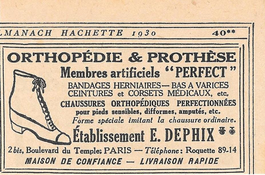 E. Dephix. Orthopedie e prothese. Pubblicita 1930