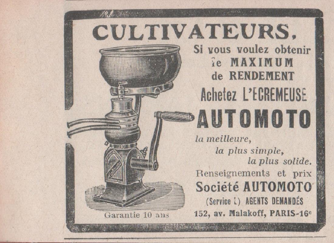 Ecremeuse Automoto. Advertising 1924