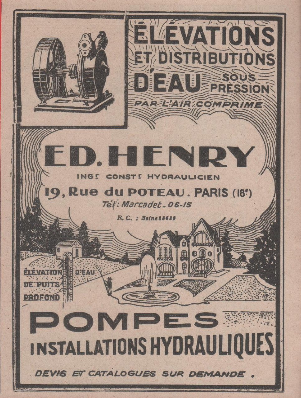 ED. Henry. Pompes, installations hydrauliques. Advertising 1926