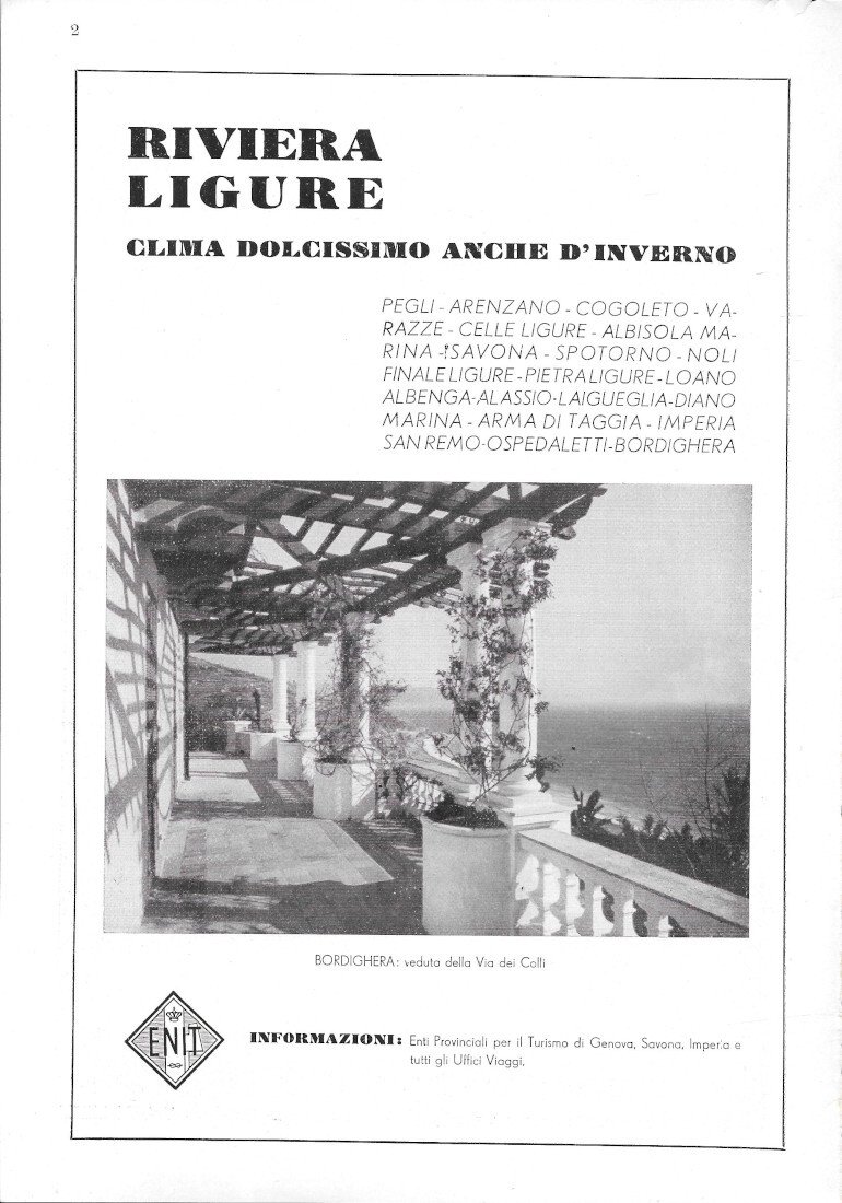 ENIT. Riviera Ligure, Bordighera / Remuzzi marmi - Advertising 1942