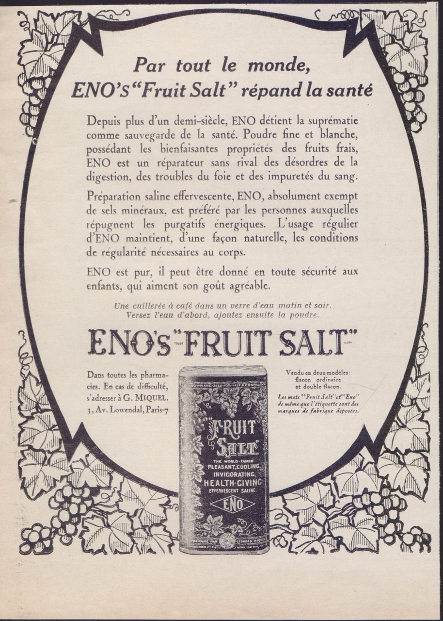 Enos Fruit Salt. Advertising 1926