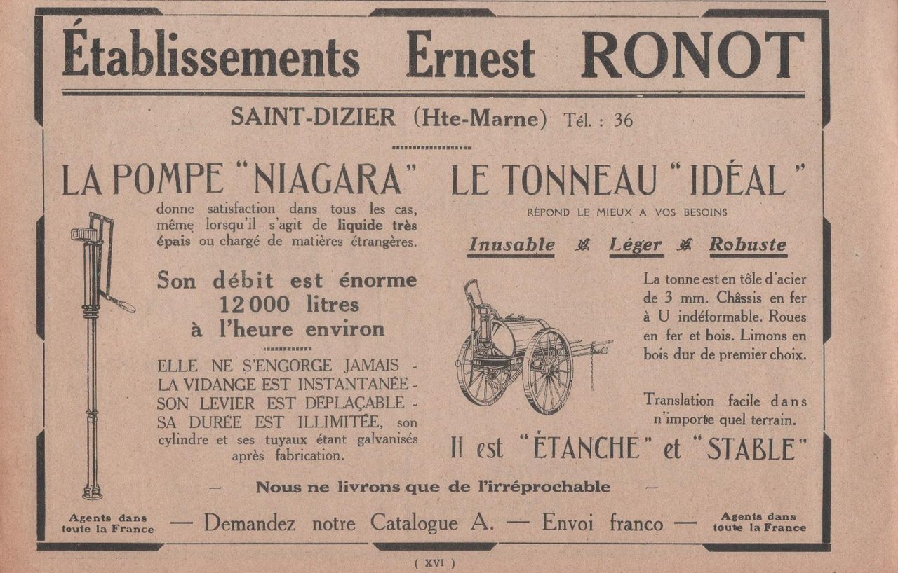 Ernest Ronot. Pompe Niagara, tonneau Ideal. Advertising 1926