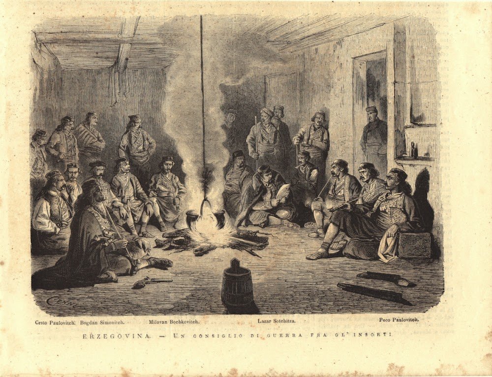Erzegovina. Un consiglio di guerra tra gl'insorti. Stampa 1876