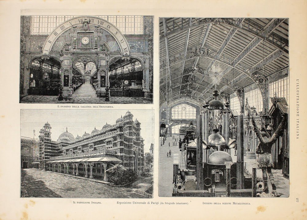 Esposizione di Parigi. Galleria dell'orologeria, padiglione indiano, metallurgica. Stampa 1889 | Immagine principale
