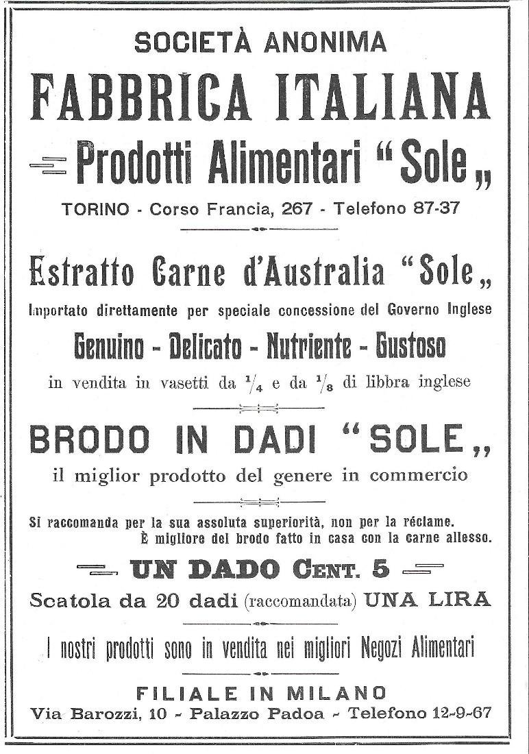 Fabbrica Italiana Prodotti Alimentari SOLE Torino. Advertising 1916