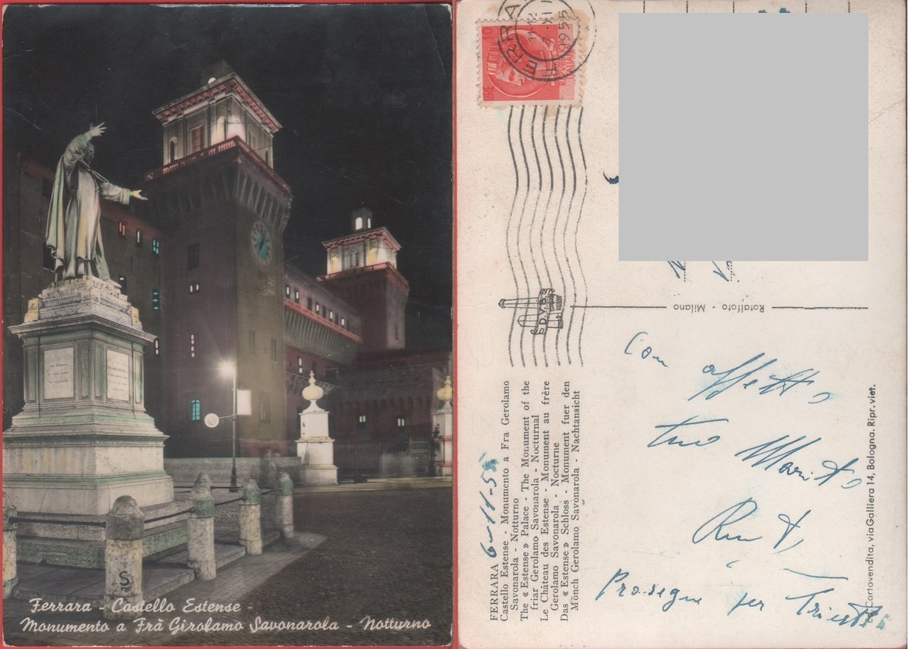 Ferrara. Castello Estense. Monumento a Savonarola. Viaggiata 1955