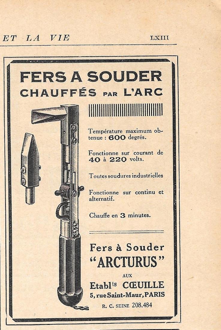 Fers a souder Arcturus. Etabl. Coeuille. Pubblicita 1926