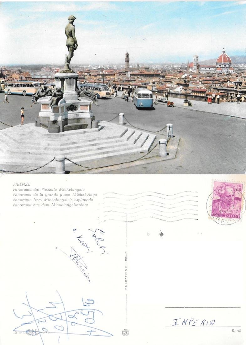 Firenze. Panorama dal Piazzale Michelangelo. Viaggiata 1965. Autobus d'epoca
