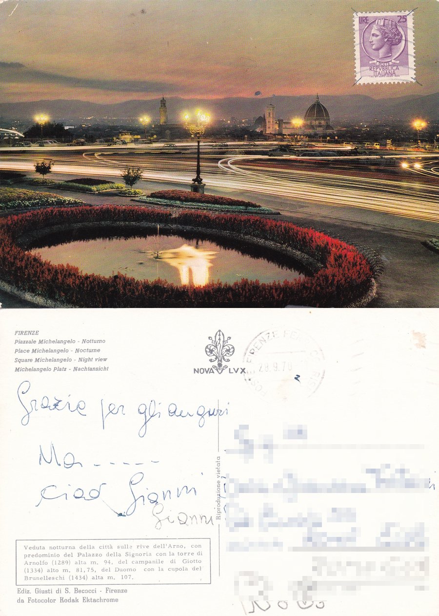 Firenze. Piazzale Michelangelo. Notturno. Viaggiata 1970