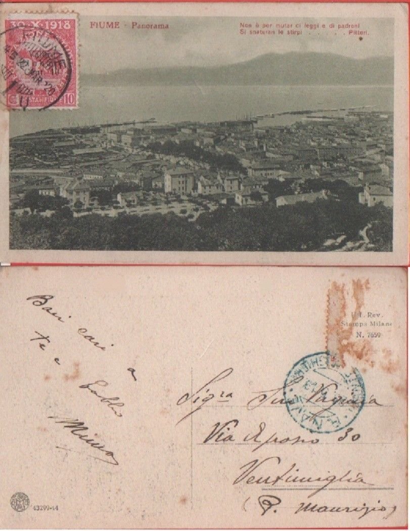 Fiume. Timbro R. Nave Dante Alighieri. Viaggiata 1919