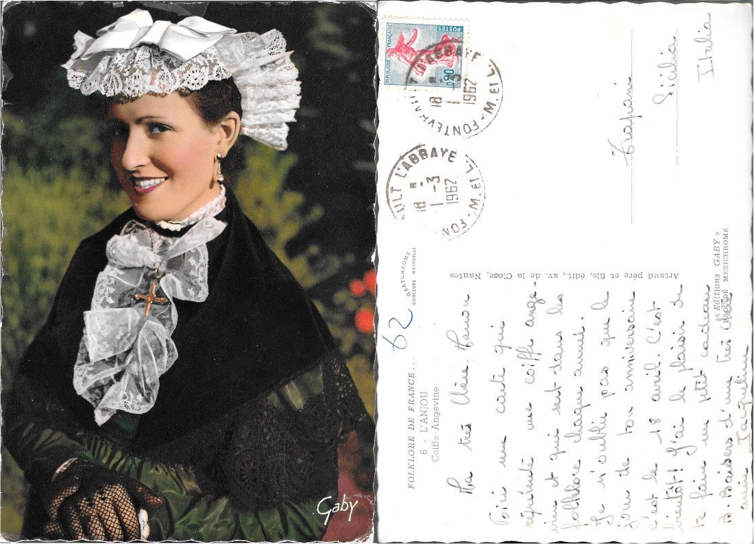 Folklore de France. L'Anjou, Coiffe Angevine. Viaggiata 1962