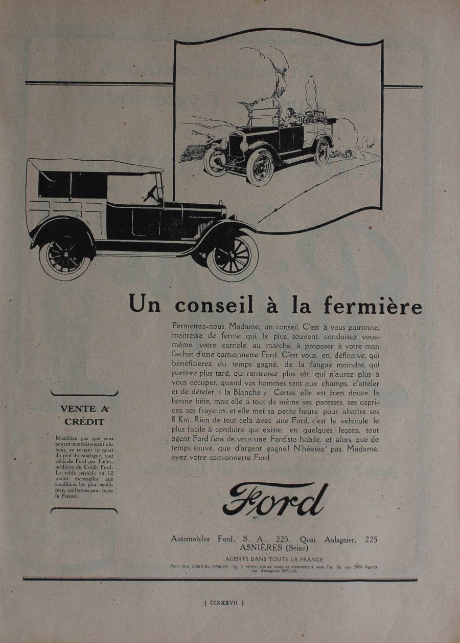 Ford. Un conseil à la fermièrie. Advertising 1926