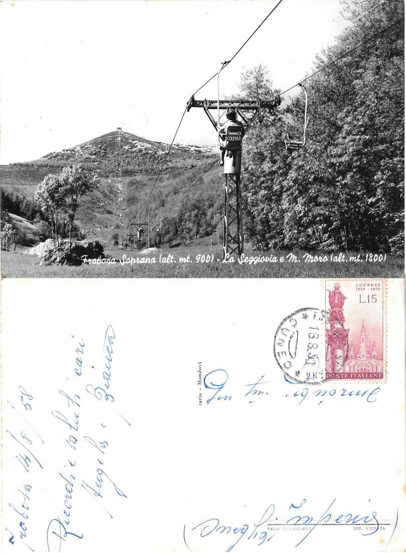 Frabosa Soprana (CN). La seggiovia e M. Moro. Viaggiata 1958