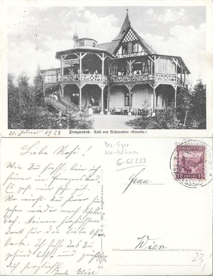 Franzensbad. Café und Restauration Amerika. Viaggiata 1928