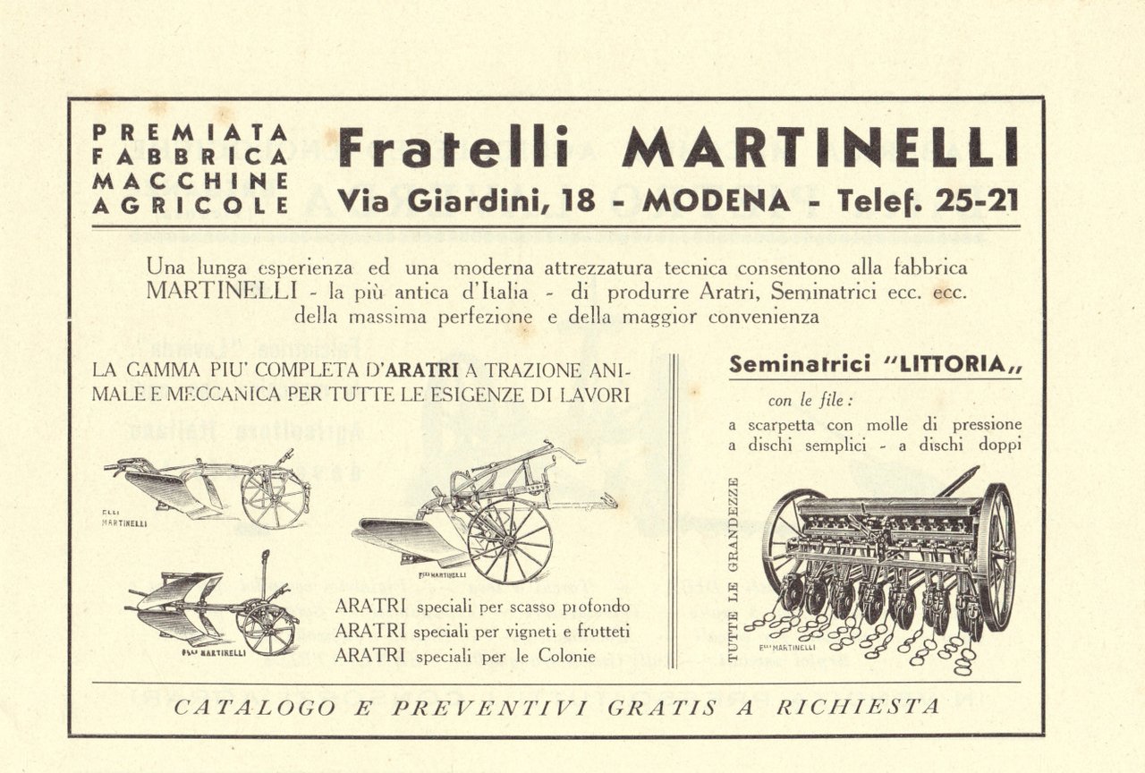 Fratelli Martinelli Modena. Fabbrica macchine agricole. Advertising 1936