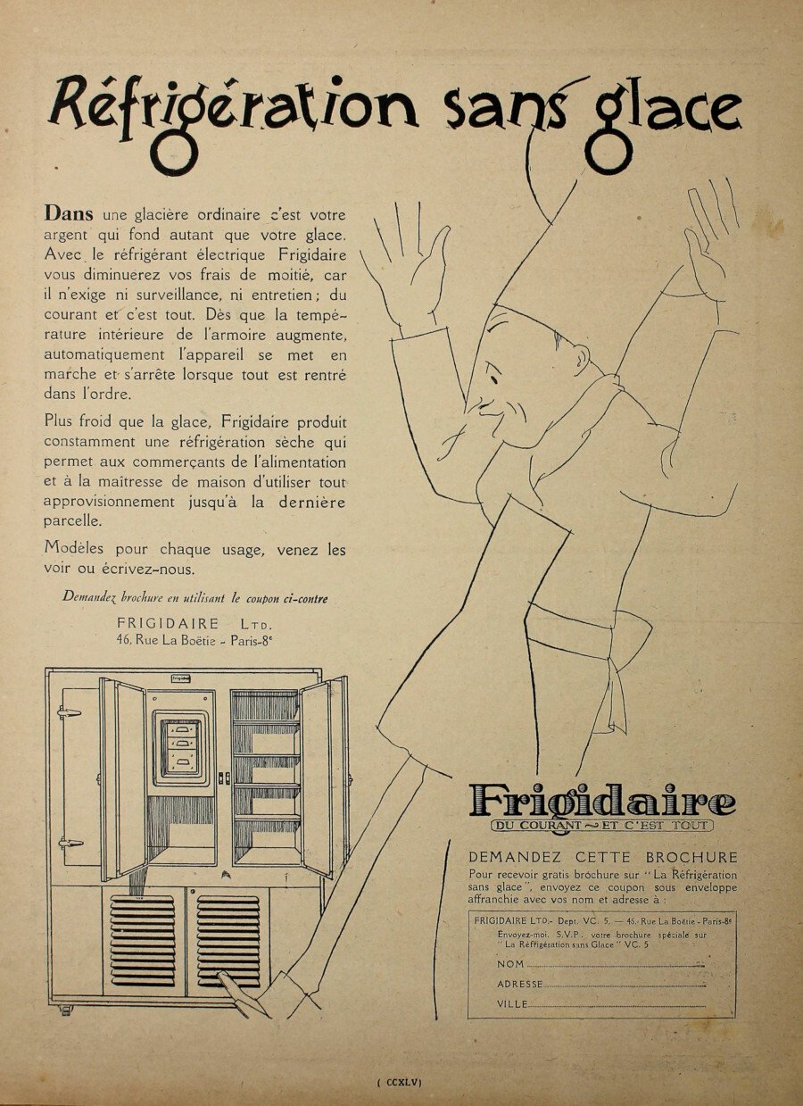 Frigidaire. Refrigetation sans glace. Advertising 1927