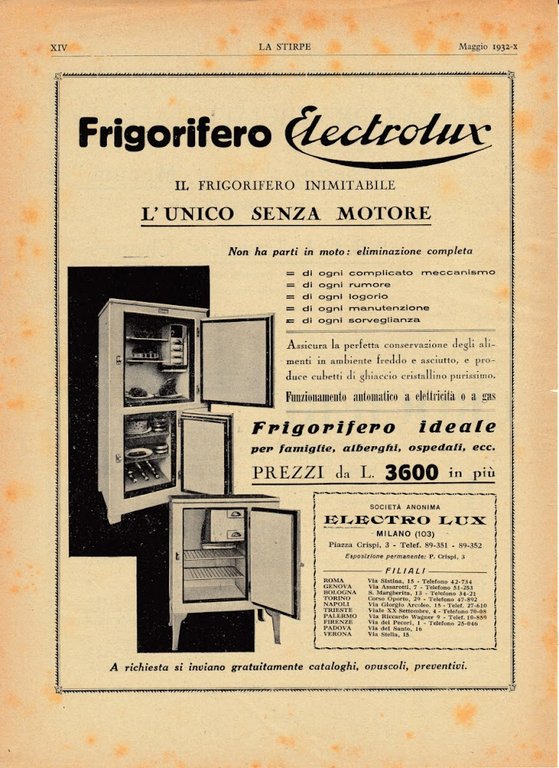 Frigorifero Electrolux. L'unico senza motore. Advertising  1932