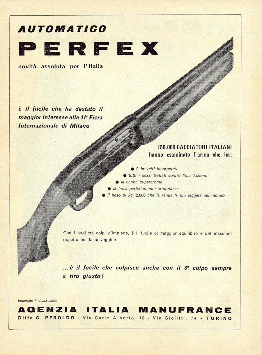 Fucile automatico Perfex. Agenzia Italiana Manufrance. Advertising 1963