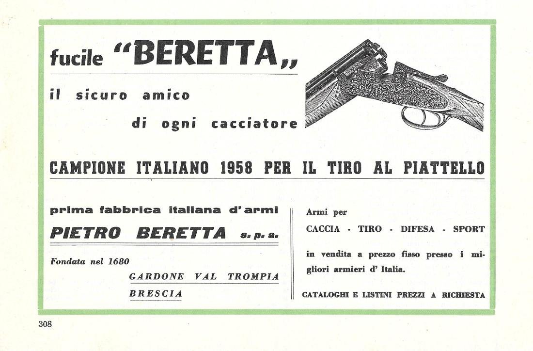 Fucile Beretta, campione italiano 1958 tiro al piatello. Pubblicita 1959
