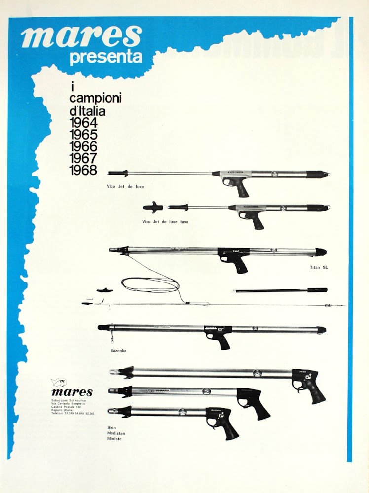 Fucili subacquei Mares, campioni d'Italia 1964-1968. Advertising 1969