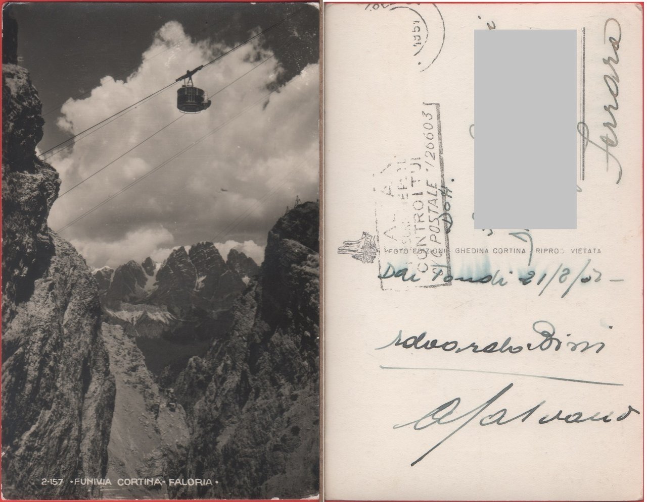 Funivia Cortina-Faloria. Viaggiata 1951