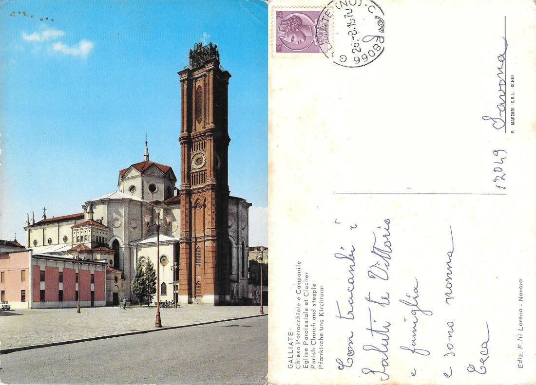 Galliate. Chiesa Parrocchiale e Campanile Viaggiata 1970