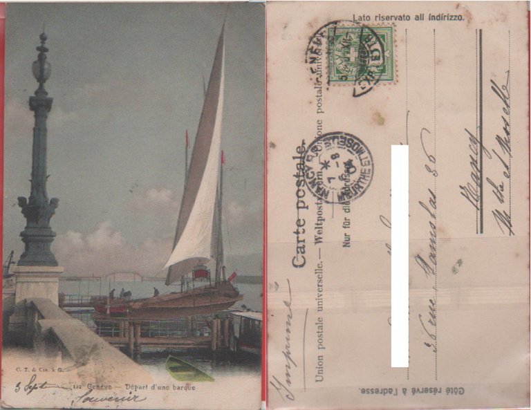 Geneve (Ginevra). Depart d'une barque. Viaggiata 1904