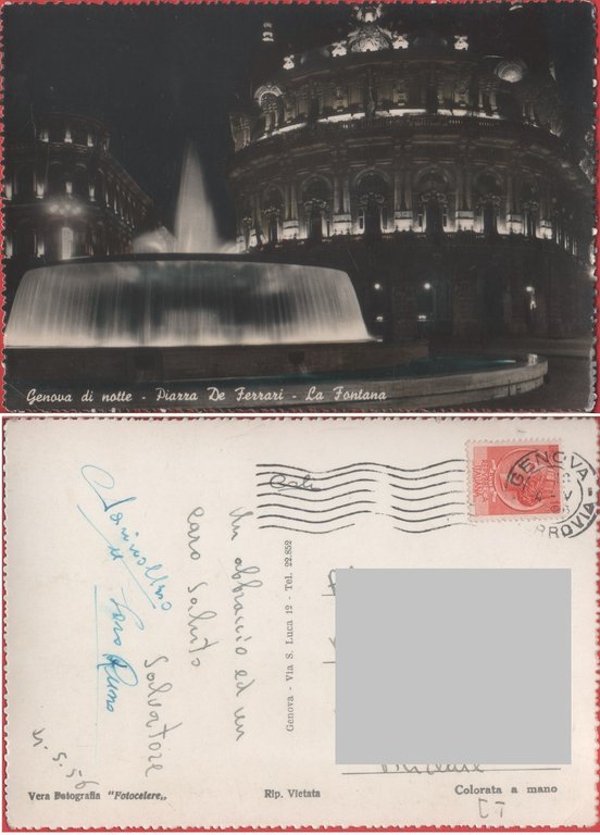 Genova di notte. Piazza De Ferrari. La fontana. Viaggiata 1956