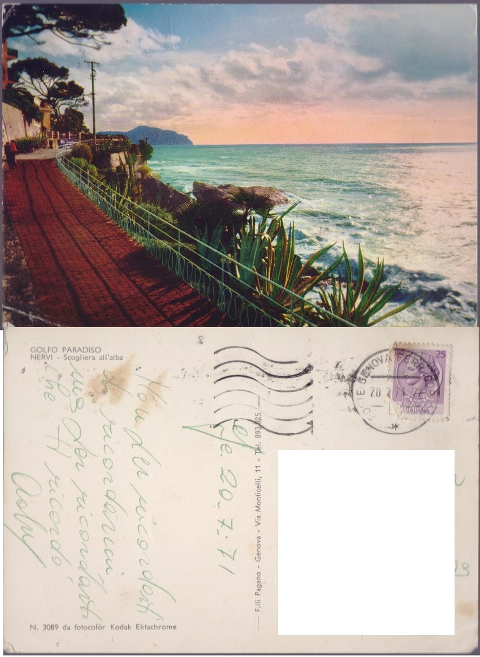 Genova Nervi. Scogliera all'alba. Viaggiata 1971