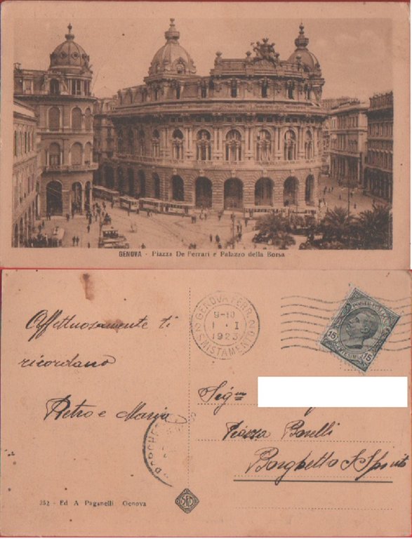Genova. Piazza De Ferrari e Palazzo della Borsa- Animata, tram. Viaggiata 1923