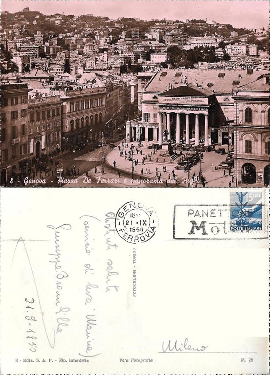 Genova.  Piazza de Ferrari e panorama del Righi. Viaggiata 1950