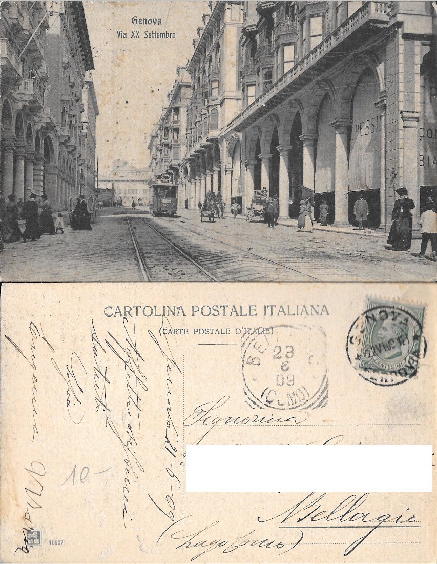 Genova. Via XX Settembre. Viaggiata. 1909. Animata, tram, carri